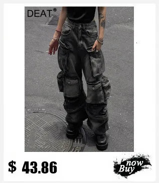 DEAT Fashion 3D Printed Wide Leg Curved Jeans Women's High Waist Loose Blue Streetwear Denim Pants New Tide Summer New 7AB9379