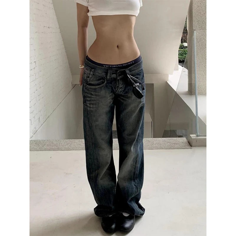 Autumn Women's Blue Y2k Baggy Jeans Harajuku Japanese 2000s Style Denim Trousers American Vintage Jean Pants Trashy Clothes 2025