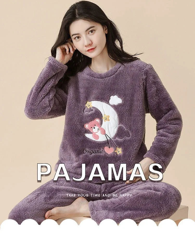 2PCS/Set Thickened Warm Fashion Autumn and Winter Pajamas Long-Sleeved Women Coral Velvet Cute Cartoon Grizzly Bear Comfortable