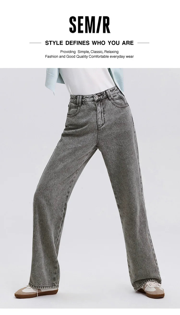 Semir Jeans Women Heightening Pure Cotton Long Trousers Autumn 2024 New Flesh-hiding Wide-leg Trousers