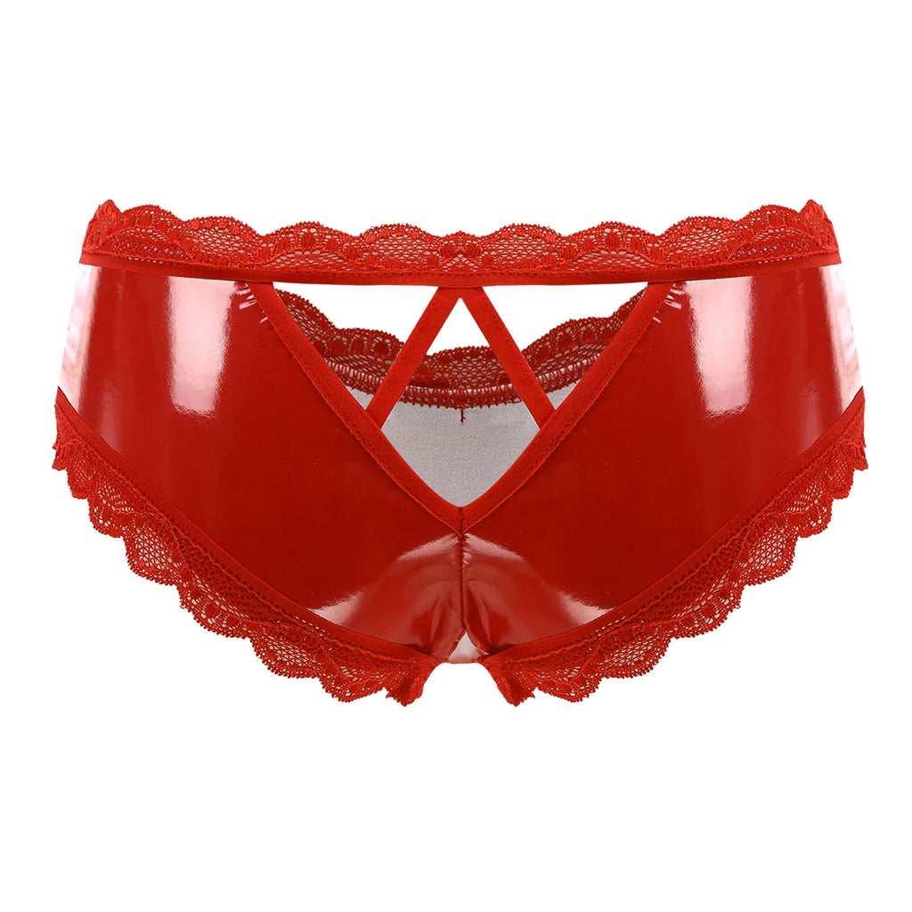 Lingerie for Ladies Women's Erotic Panties Crotch Open Sex Wet Look Porn Underwear Patent Leather Lace V-Back mujer Mini Briefs