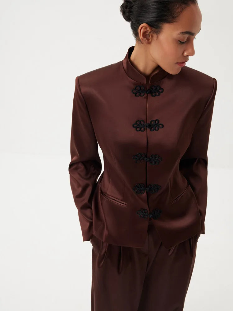 DFDG Women's Spring Summer Satin Mandarin Collar Knot Button Blazer Chic Formal Casual Wear 2026 Trendy Feminine Fashion Coat