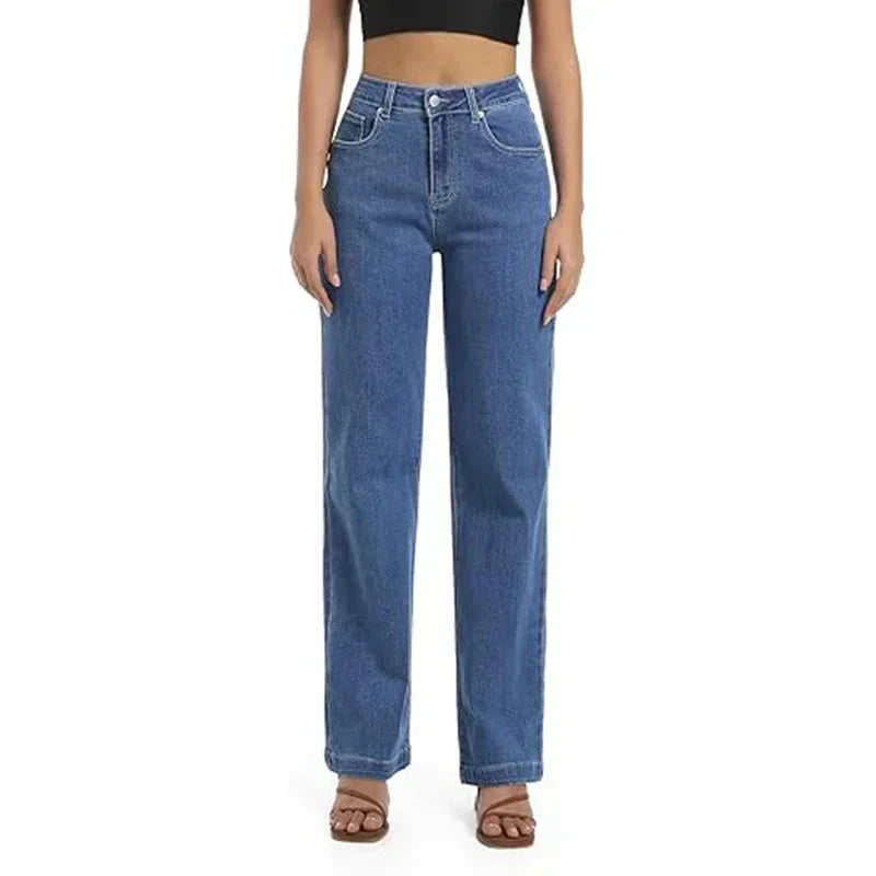 Women High Waist Straight Leg Jeans Female Comfortable Stretch Basic Denim Pants Woman Classic Cheap Black Gray White Trousers