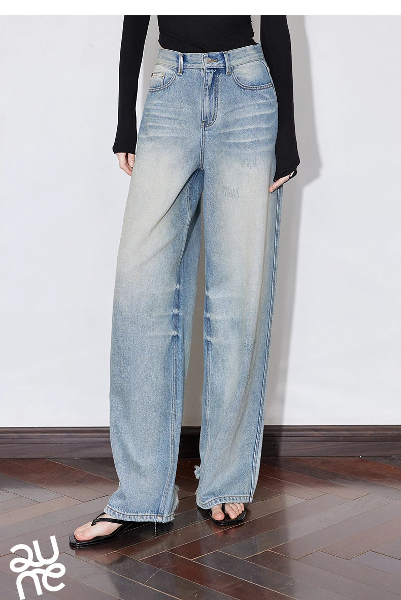 TOYOUTH Women Denim Jeans 2025 Spring New Mid Waist Wide Leg Straight Casual Long Pants