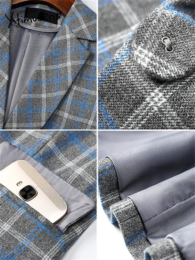 Yitimuceng Plaid Wool Blazers for Women 2026 New Office Ladies Long Sleeve Jacket Vintage Turn Down Collar Single Button Coats