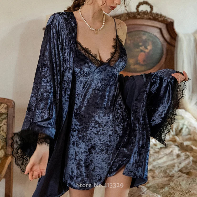 Loose Kimono Princess Bathrobe Set Blue Robe Suit Women Winter Warm Velvet Nightgown Sexy Chemise Sleepwear Lace Nightwear