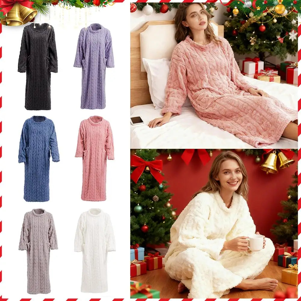 Coral Velvet Women's Nightgown Autumn And Winter Long Sleeve Double Pocket Flannel Nightgowns Women Loose Solid Sleepwear