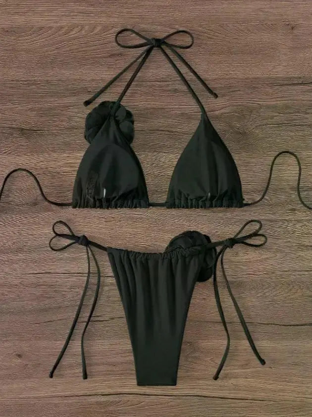 S - L Sexy 3D Flowers Halter Strappy Bikini Women Swimwear Female Swimsuit Two-pieces Bikini Set Bather Bathing Suit Swim
