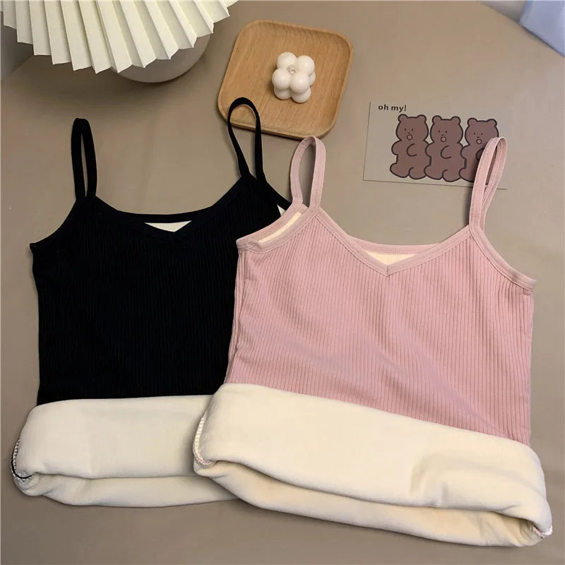 2PCS Women Winter Warm Underwear T-shirt Set Solid Color Thermal Casual Nightwear Sexy Elasticity Thin  Velvet Sleeveless Tops