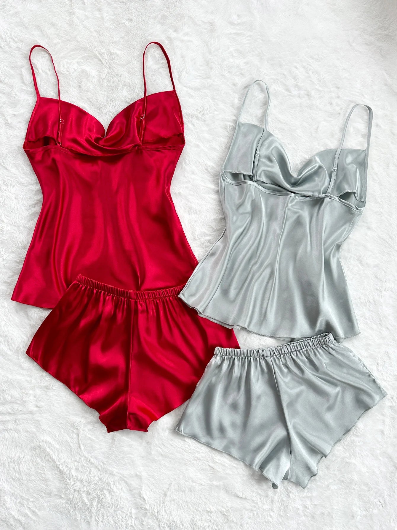Summer Women's Sexy Solid Satin Pajama Set Top and Shorts soft and comfortable Four piece set
