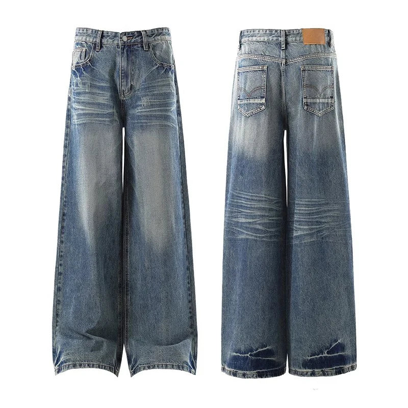 Blue Women's Jeans Hip-hop Fashion Vintage Streetwear Y2K Wide Leg Straight Jean High Waist Trouser Classic Baggy Denim Pants