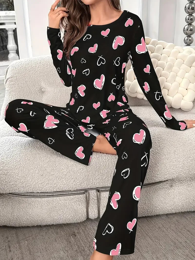 Heart Print Ribbed Frill Trim Pajama Set for Women Sleepwear Knitted Round-Neck Loose Tops Elastic Long Pants Loungewear