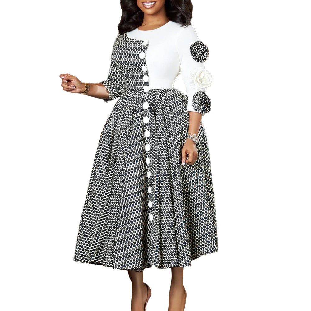 Elegant Dresses for Women 2026 Fall Fashion African 3/4 Sleeve Party Birthday New Robe Chic 3D Flower Plaid Evening A-Line Dress