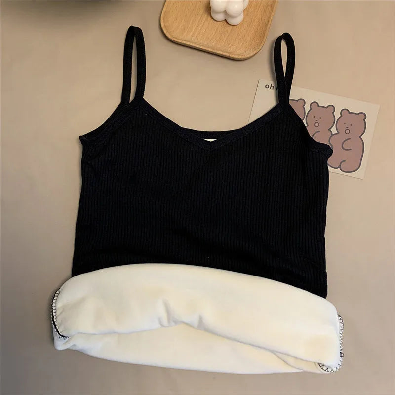 2PCS Women Winter Warm Underwear T-shirt Set Solid Color Thermal Casual Nightwear Sexy Elasticity Thin  Velvet Sleeveless Tops