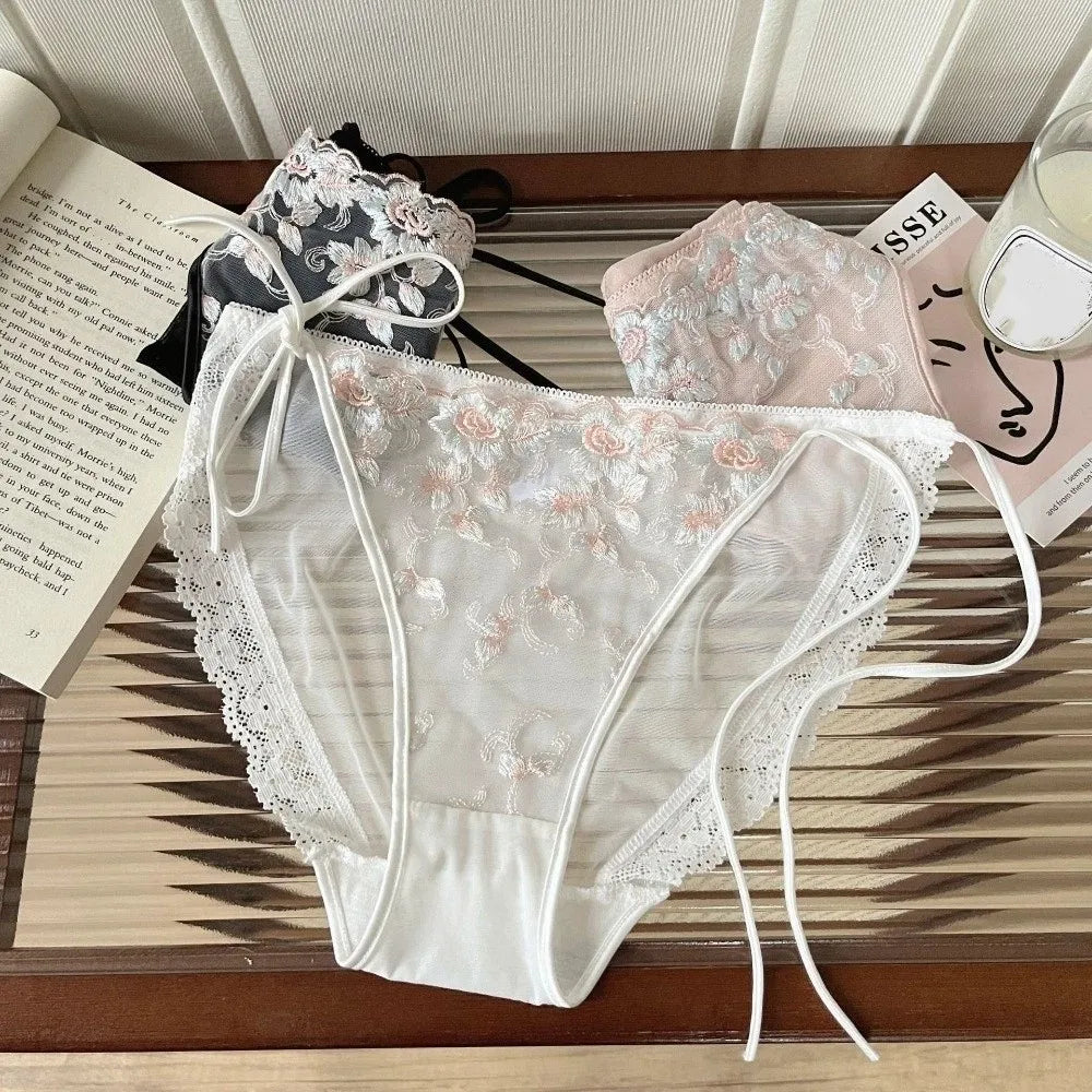 Lingerie Low Waist Embroidery Flower Panties Cotton Crotch Sweet Mesh Lace Briefs Transparent Lace-up Underwear Lady