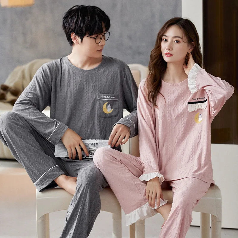 Couple Long Sleeves Sleepwear Autumn Winter Cotton Pajama Sets Print Pants Homewear Kawaii Clothes 2 Piece Sets Nightwear Lovers