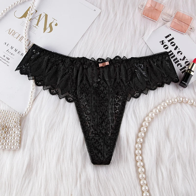 BANNIROU Women's Thongs Underwear Female Intimates T-back G-string Sexy Transparent Lace Low-Rise Panties Lingerie For Woman