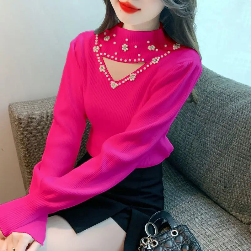 Autumn Winter Fashion Embroidered Flares Solid Color Half Height Collar Pullovers Ladies Fashionable Hollow Out Knitting Sweater
