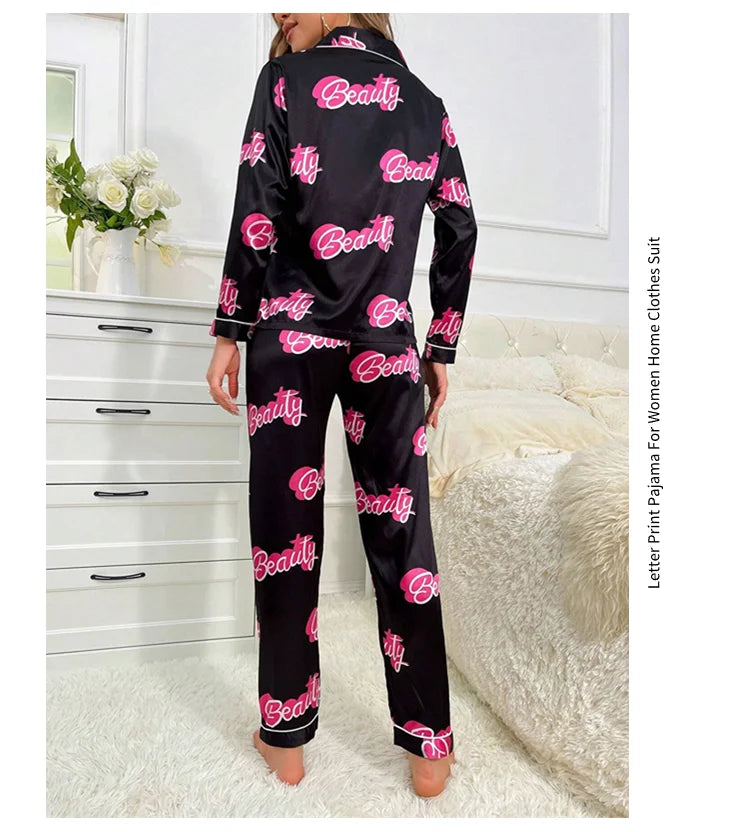 Cute Cat Print Pajama for Women Satin Long Sleeve Lapel Collar Tops & Pants Pyjama Loungewear for Fall Ladies Sleepwear Pj Sets