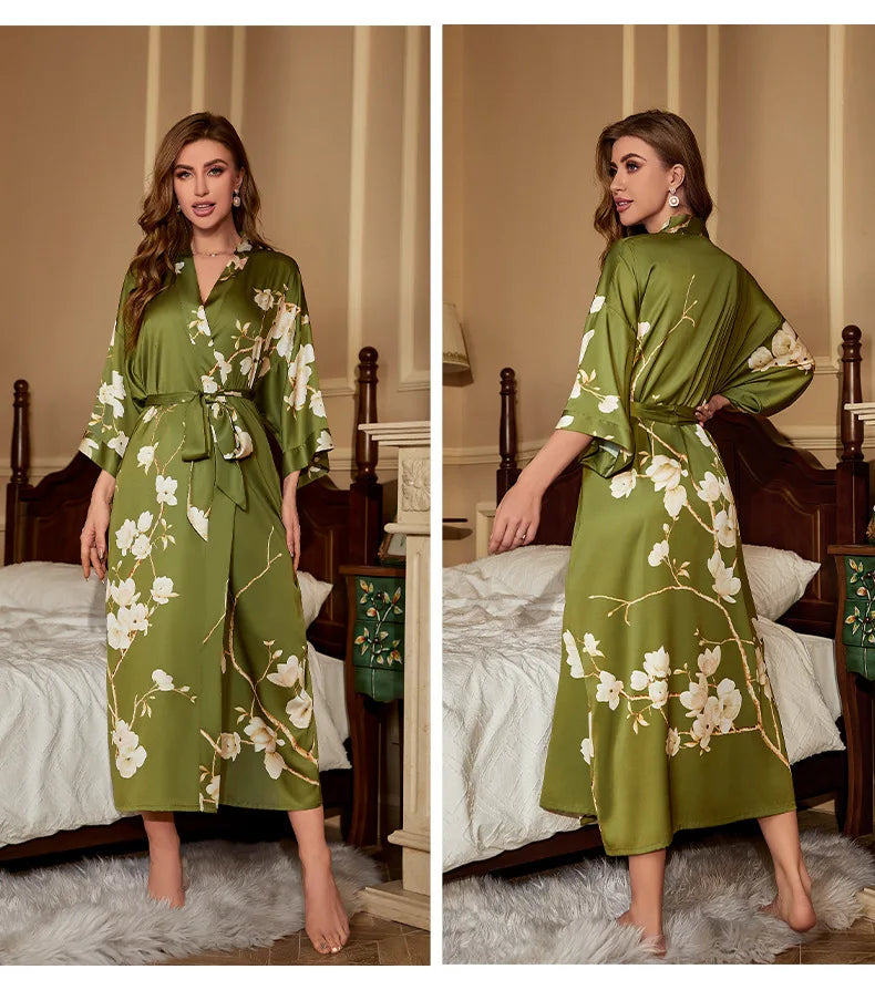 Print Flower Female Long Robe Sleepwear Japanese Kimono Bathrobe Gown Spring Summer Satin Nightgown Loose Casual Home Dress Wear