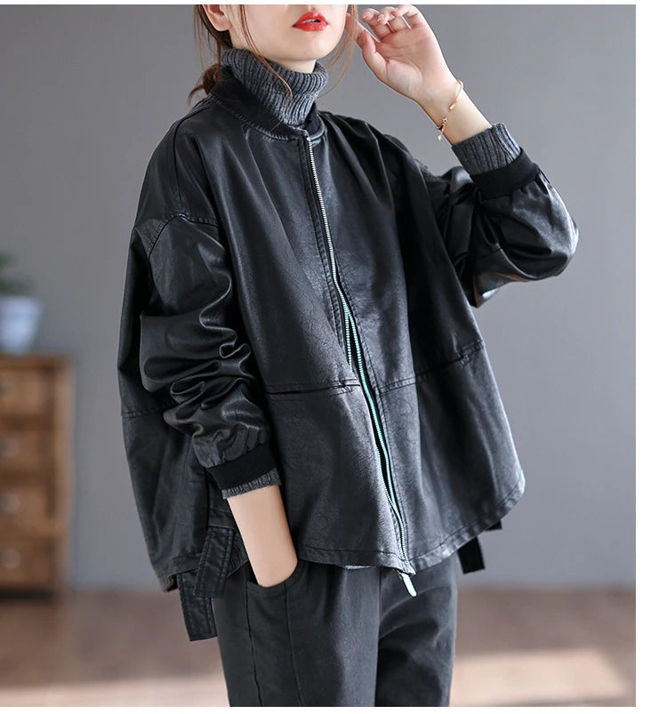 Amax luluE 2024 Autumn Fashion Biker Clothes Womens Loose Vintage Faux Leather Jackets Luxury Punk Pu Coats Black Big Outerwear