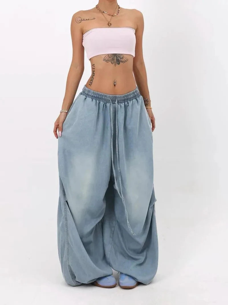Autumn Oversized Women Wide Leg Jeans Y2K Hip Hop Streetwear Loose Denim Pants High Waist Drawstring All Match Straight Trousers