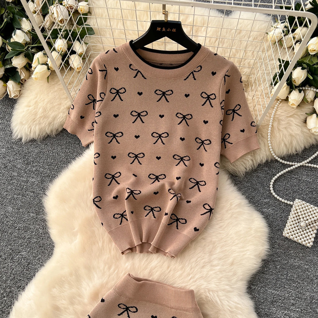 SINGREINY Newest Summer Knitting Suits O Neck Basic Tops+High Waist Sheath Long Skirt Bow Print Chic Casual Women 2pcs Sets