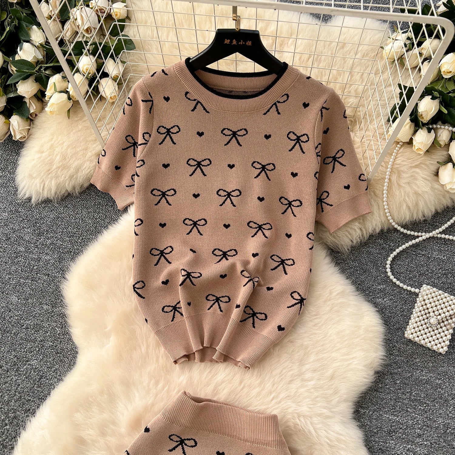 SINGREINY Newest Summer Knitting Suits O Neck Basic Tops+High Waist Sheath Long Skirt Bow Print Chic Casual Women 2pcs Sets