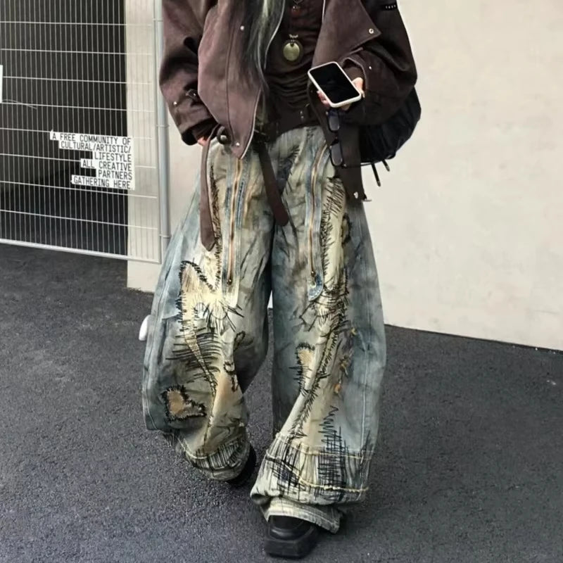 American Street Destruction Style Embroidered Denim Pants Oversized Retro Wash Personality Fashion Loose Casual Wide Leg Jeans