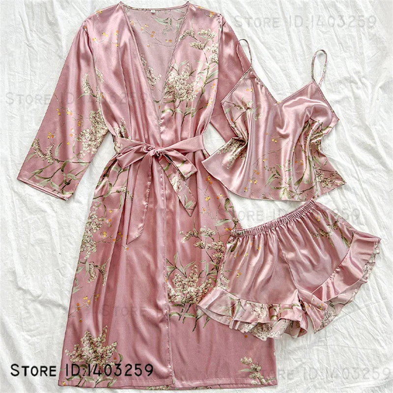 Large Size Female 3PCS Robe Pajamas Set Sexy Print Flower Kimono Batrobe Gown Spring Summer Sleepwear Homewear Satin Loungewear