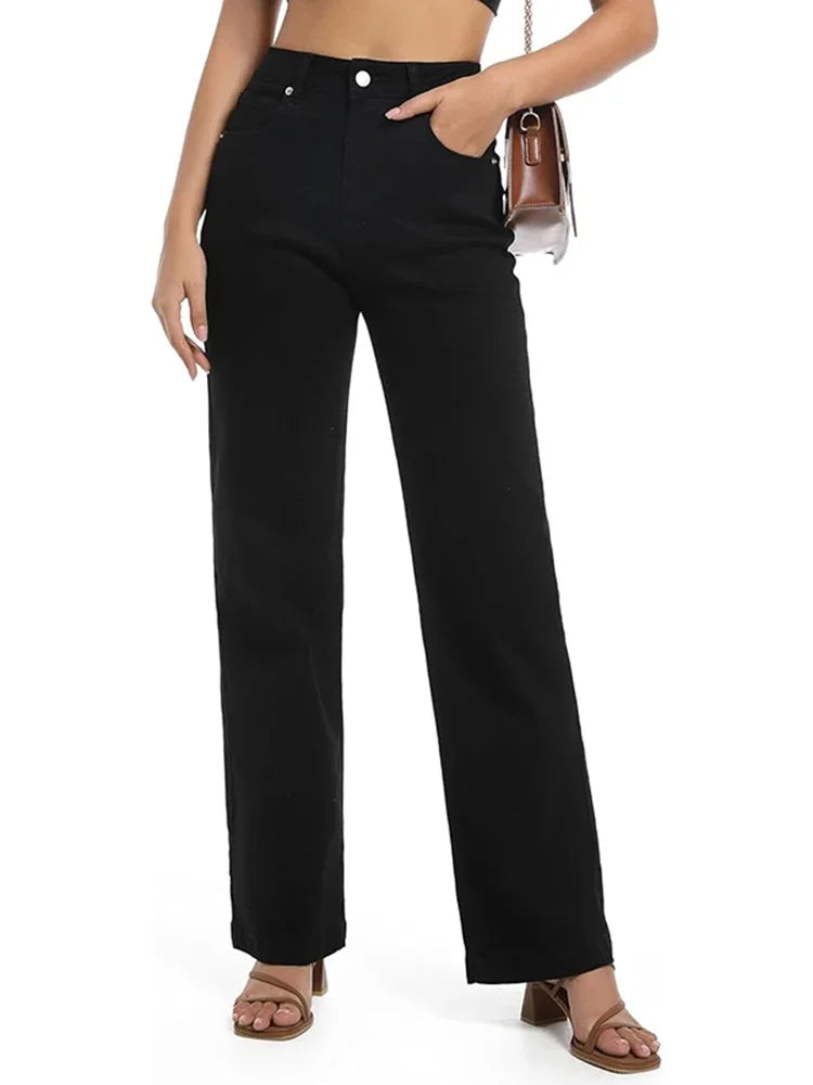 Women High Waist Straight Leg Jeans Female Comfortable Stretch Basic Denim Pants Woman Classic Cheap Black Gray White Trousers
