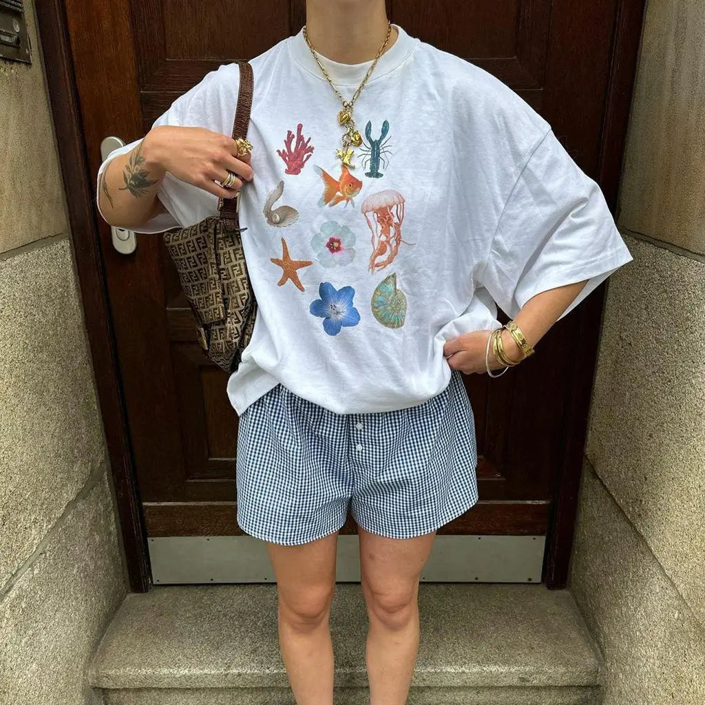 Women's Summer Basic Y2K T-Shirt Chili/ Fig/ Ocean/ Lamp Print Casual Short Sleeve Tops for Streetwear Aesthetic Clothes