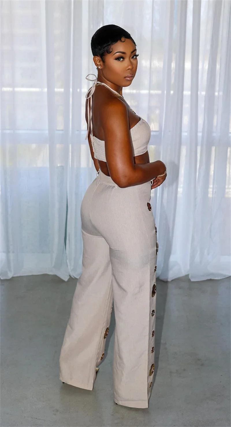 Sexy Night Party 2 Piece Sets Women Outfit Clubwear Festival Clothing Halter Strapless Crop Top and Hollow Out Wide Leg Pants