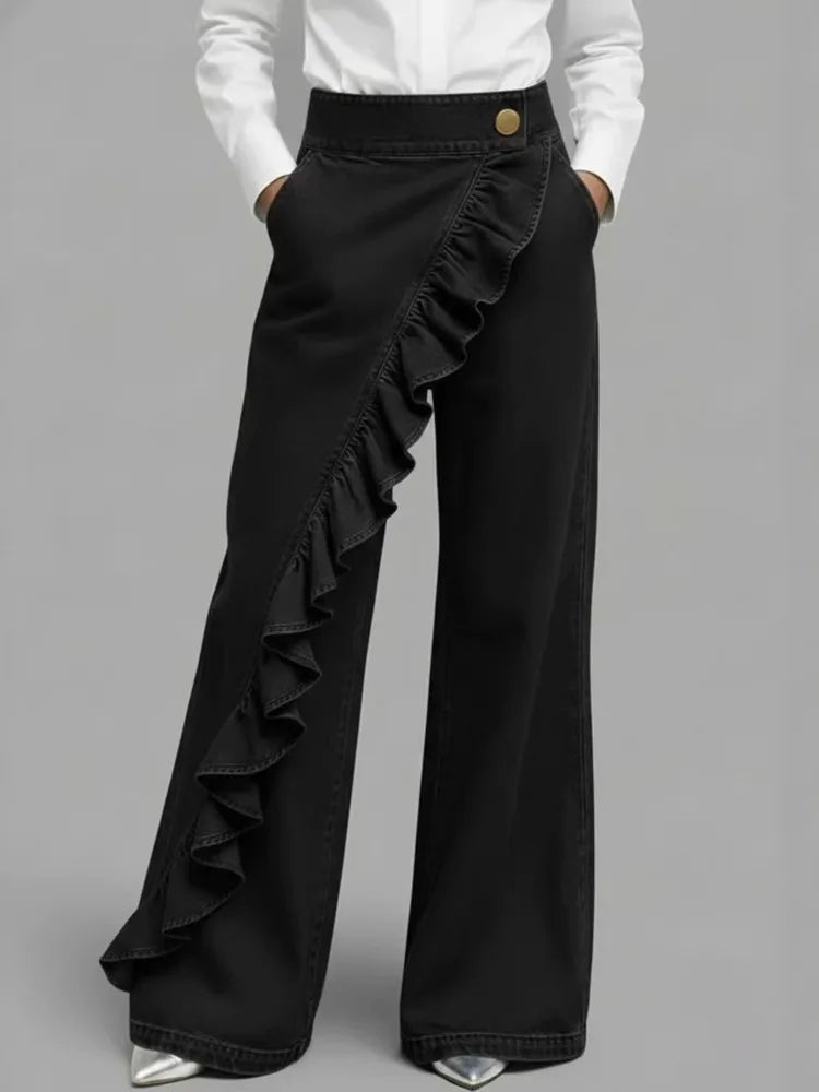 SHENGPALAE American Style Loose Irregular Splicing High Waisted A-line Wide Leg Jeans For Women Spring 2026 New