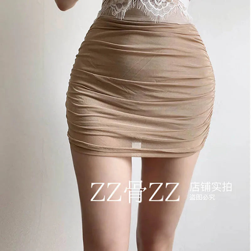 2024 New Skorts Summer New Style Street Sexy Solid Color Mesh Pleated Slim High Waisted Skirt Fashion Sweet Mesh  AWH9