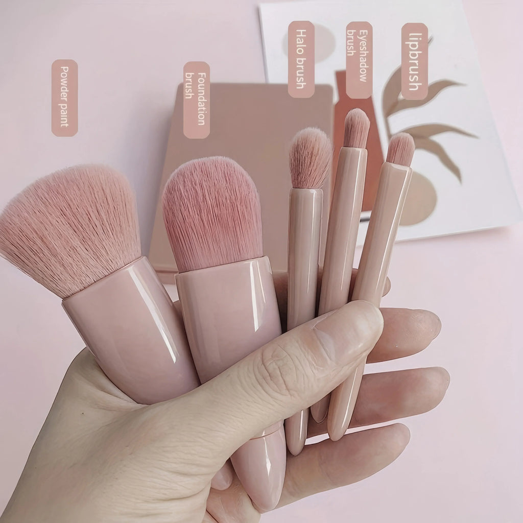 Portable Pink Makeup Brush Kit 5PCS Compact With Mirror Soft Bristles Blush Eyeshadow Foundation Beauty Tools