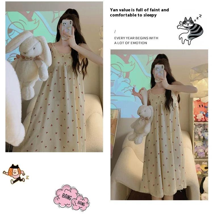 With Chest Cushion Halter Nightgown Female Summer Floral Breathable Thin Section of the Princess Style Loose Knee-Length Pajamas