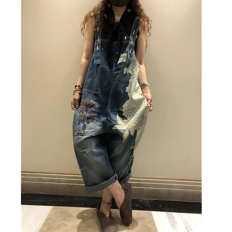 Amax luluE 2025 Korean Fashion Spring Female Printed Denim Overalls Ladies Vintage Casual Jeans Women Loose Trousers Wide Pants