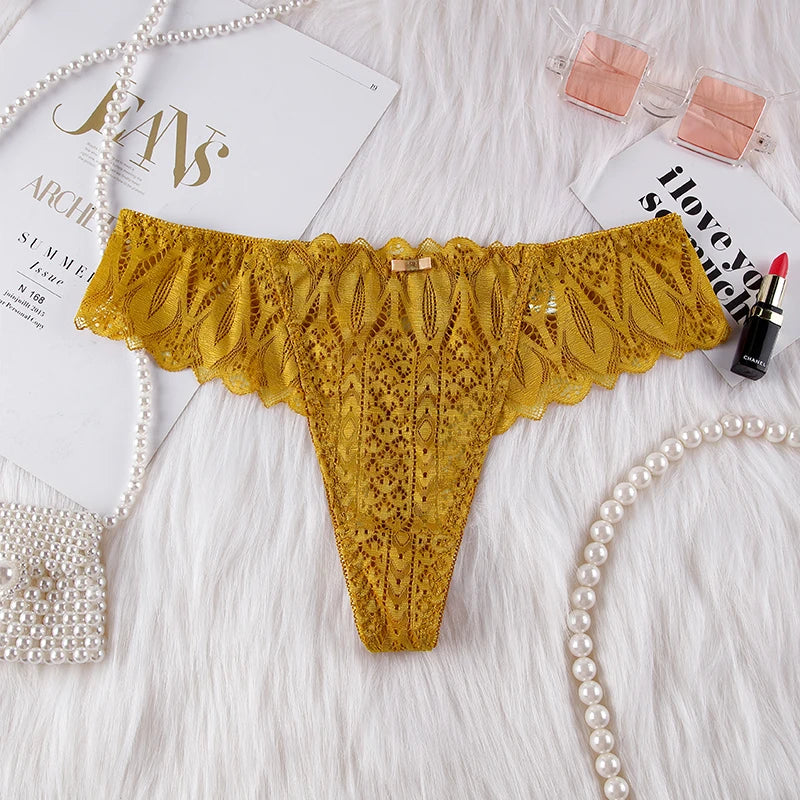 BANNIROU Women's Thongs Underwear Female Intimates T-back G-string Sexy Transparent Lace Low-Rise Panties Lingerie For Woman