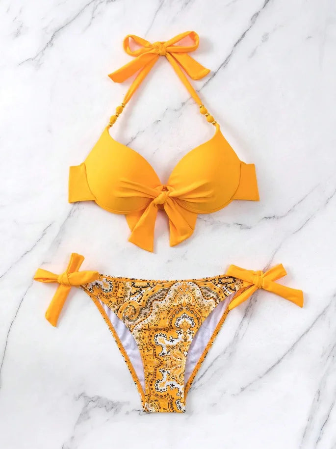 2026 Push Up Halter Bikini Printed Swimsuit Women Sexy Strappy Swimwear Female Bathers Bathing Swimming Swim Suit Beachwear