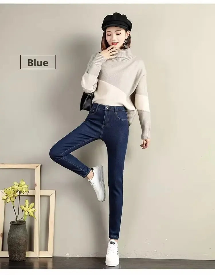 High Waist Fleece Lined Skinny Jeans Women's Autumn Winter New Style Pure Color Slimming Tight Fit Ankle Length Pants