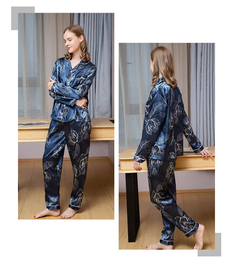 Spring Autumn pajama women Silk Satin pajamas set Long sleeve Shirt with Trouser Sleepwear Loungewear Female Pyjamas Suits Mujer
