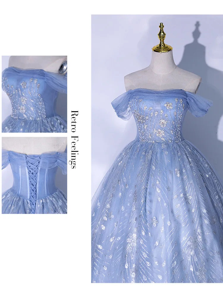 One Shoulder Evening Dress 2026 Summer New Haze Blue Vocal Art Exam Piano Performance Puffy Skirt Annual Meeting Evening Dress