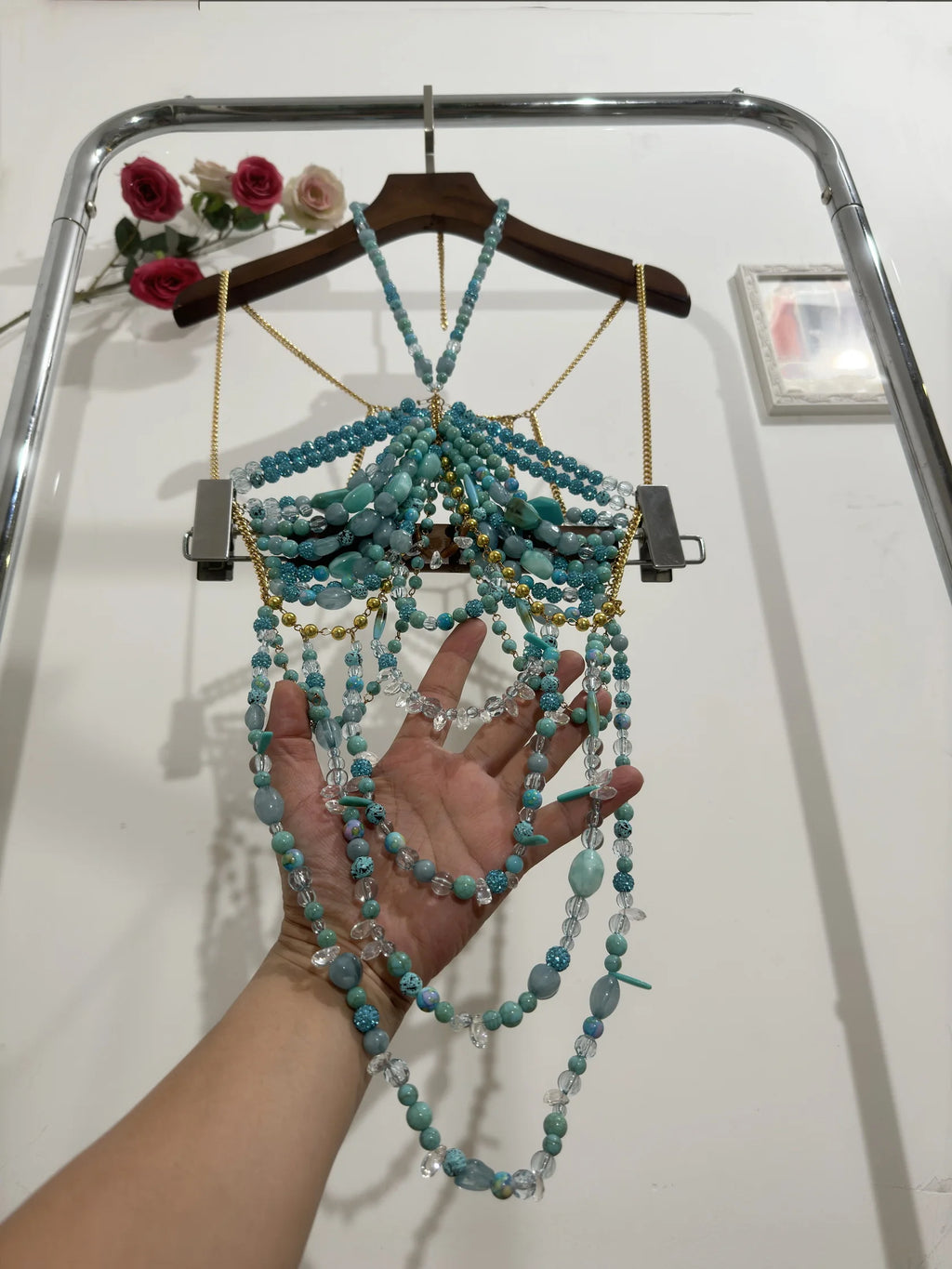 H80&90 New Sexy Women Handmade Glitter Turquoise Color Stone Bead Body Chain Hollow Out Bikini Bra Top Holiday Beachwear Lingeie