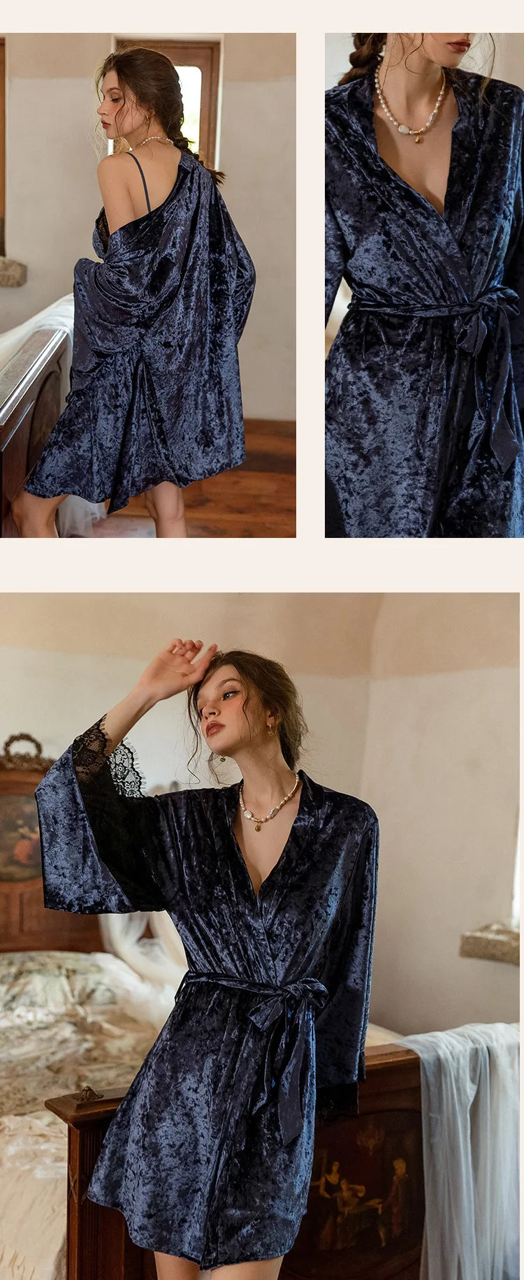 Loose Kimono Princess Bathrobe Set Blue Robe Suit Women Winter Warm Velvet Nightgown Sexy Chemise Sleepwear Lace Nightwear