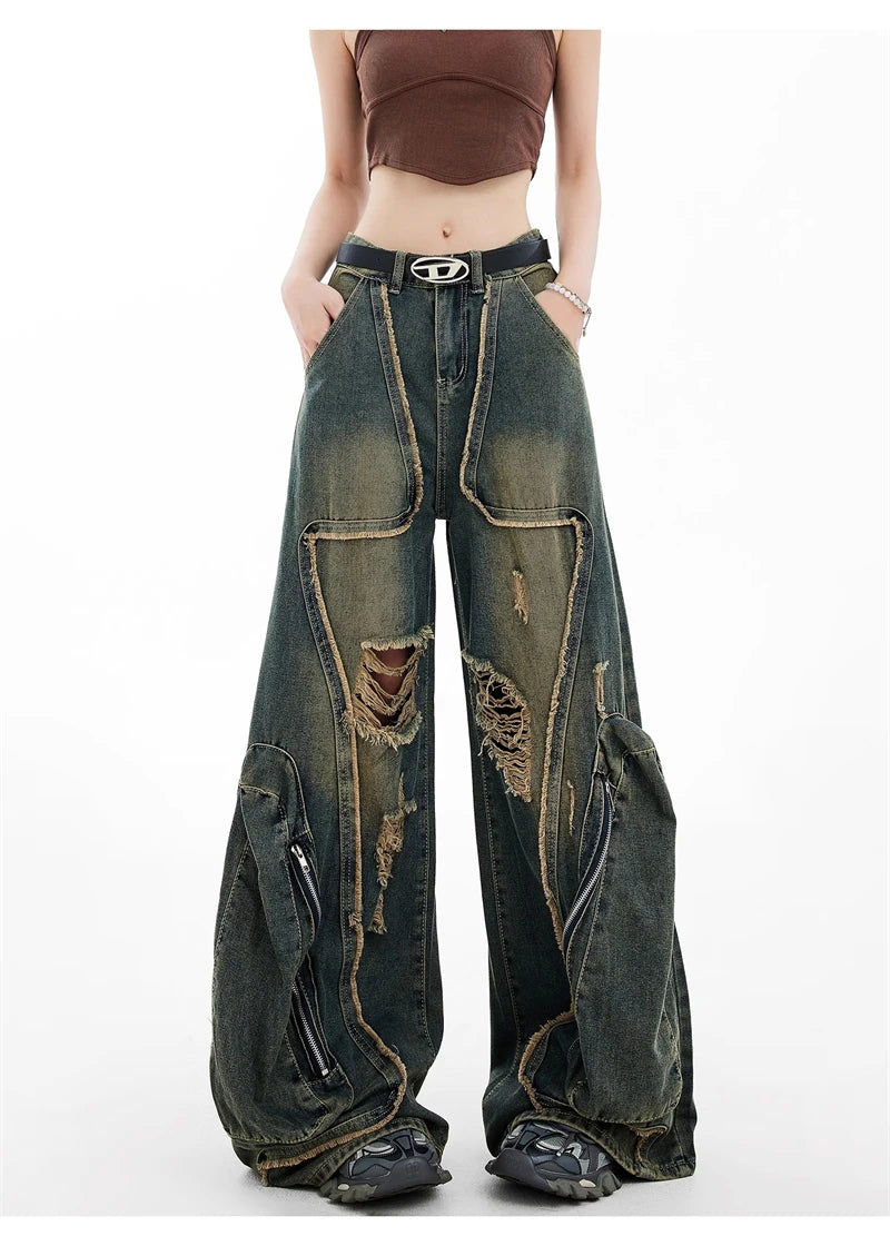 Women Y2k Baggy Cargo Jeans Harajuku Oversize Ripped Denim Trousers Vintage Japanese 2000s Style Jean Pants Trashy Clothes 2024