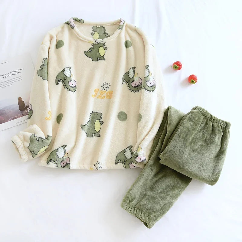 New Autumn And Winter Ladies Flannel Pajamas Long-sleeved Trousers Two-piece Cartoon Dinosaur Warmth Thickening Home Service Set
