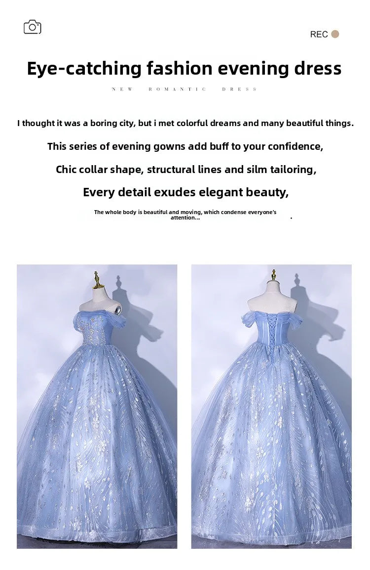 One Shoulder Evening Dress 2026 Summer New Haze Blue Vocal Art Exam Piano Performance Puffy Skirt Annual Meeting Evening Dress
