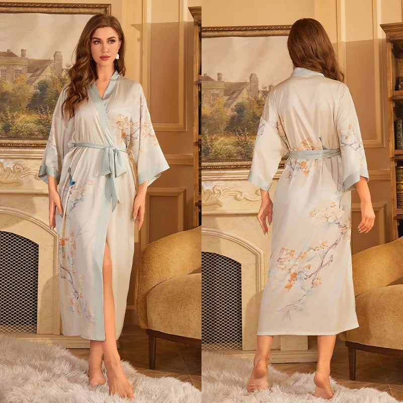 Print Flower Female Long Robe Sleepwear Japanese Kimono Bathrobe Gown Spring Summer Satin Nightgown Loose Casual Home Dress Wear