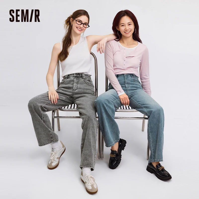 Semir Jeans Women Heightening Pure Cotton Long Trousers Autumn 2024 New Flesh-hiding Wide-leg Trousers